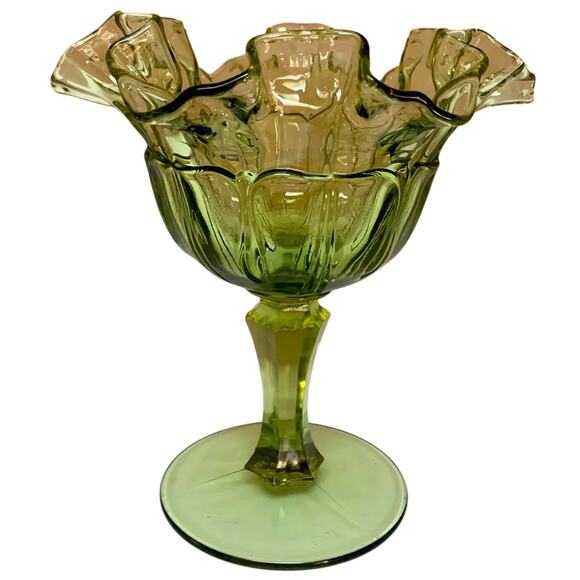 FENTON Red Cliff Ruffled Edge Colored Green Glass Compote Dish - Picture 1 of 6